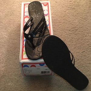 Black Coach Patent Flip Flops