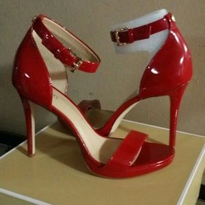 Patent red open toes shoe with buckle