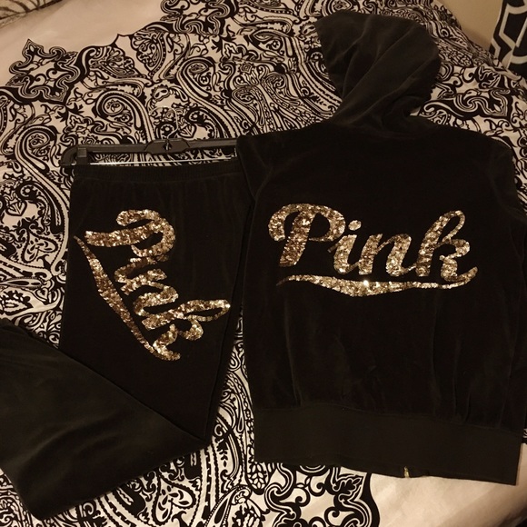 PINK Victoria's Secret Pants - VS PINK BLING JUMPSUIT CHARCOAL W GOLD SEQUIN EUC
