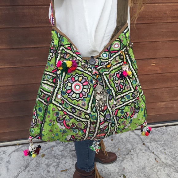 Vintage green hand made boho shoulder bag