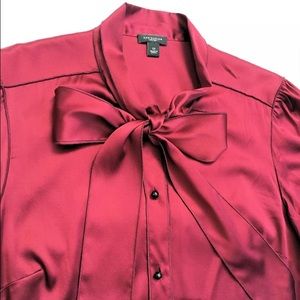 Ann Taylor Red Bow Neck Tie Silk Shirt Top Blouse