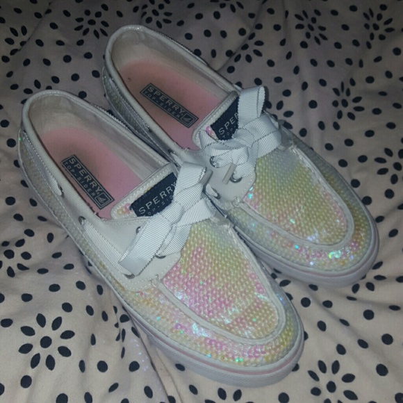 White & Pink Sequin Sperry Boat Shoes