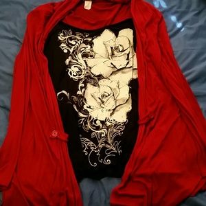 2-n-1 faux red cardigan and black long sleeve shir