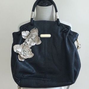 Genuine Pebbled Black Leather Handbag w/ Flowers