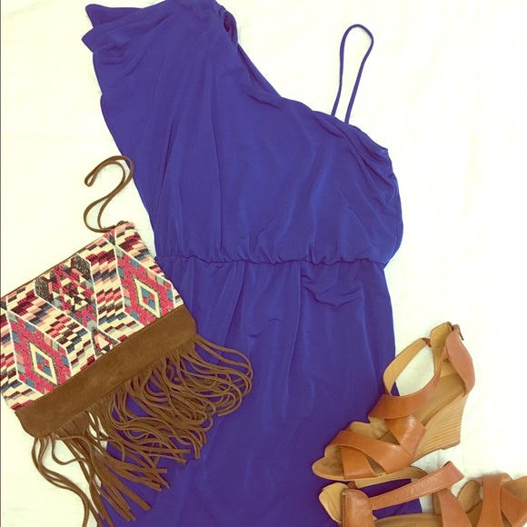 Cobalt blue one shoulder, small strap dress