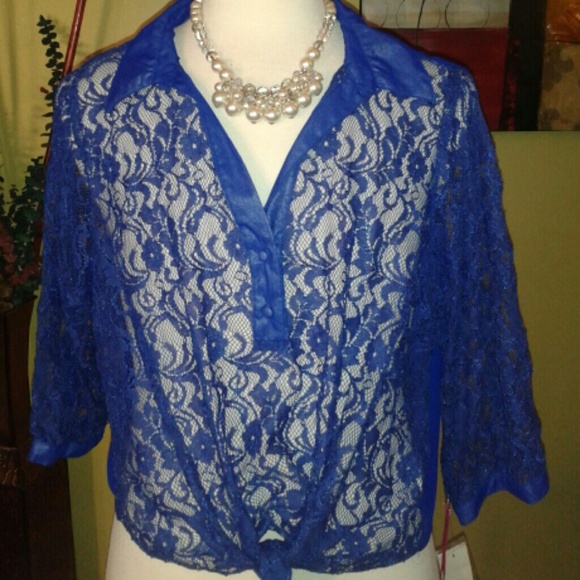 ROYAL BLUE LACE FRONT BLOUSE