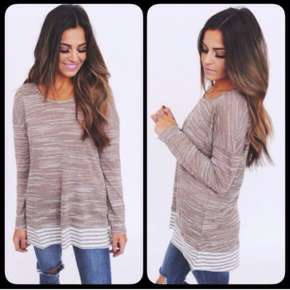 Tops - Mocha Blend Striped Hem Loose Casual Top