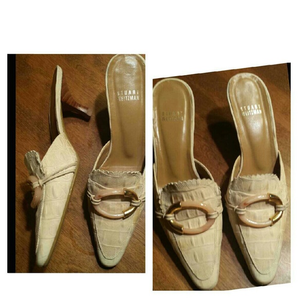 Stuart Weitzman Cream Croc Slide Kitten Heels 6M