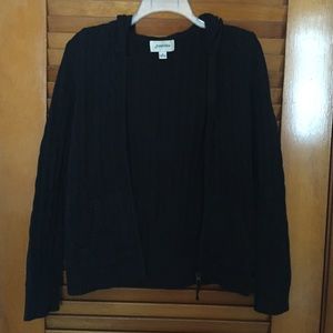 Hooded cable knit zip up cardigan