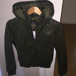 Army green hoodie leather jacket
