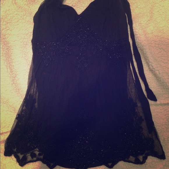 Black top with mesh beaded overlay