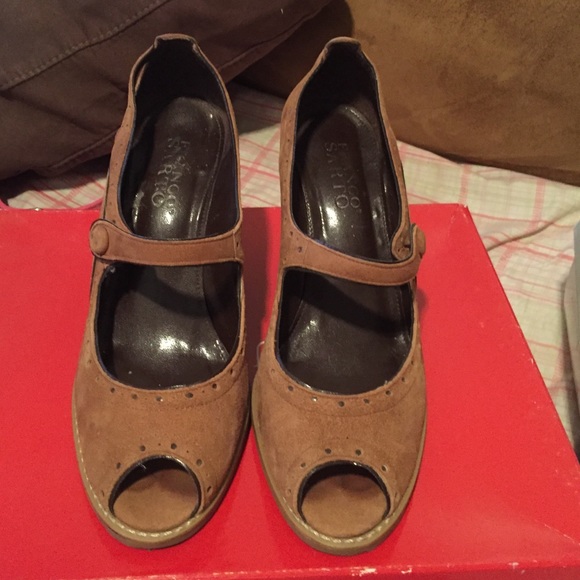 camel color suede marie jane shoes