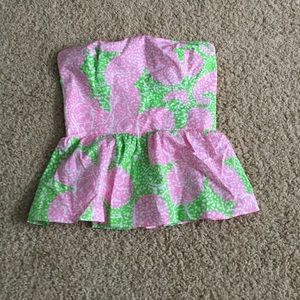 Lilly Pulitzer pink and green strapless peplum top