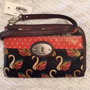 Swan print Fossil key-per wristlet