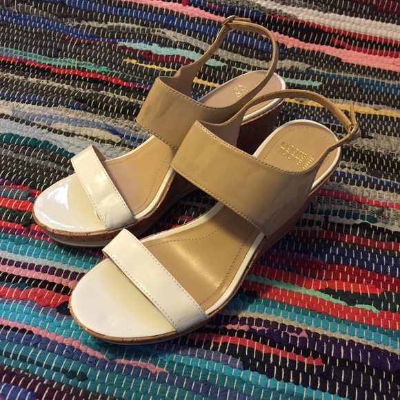 White and nude patent leather heels