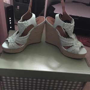 Light blue open toe wedges