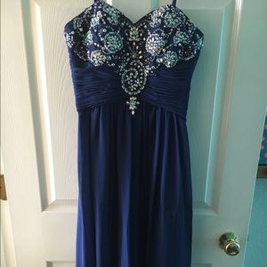 Navy blue prom dress with beaded top