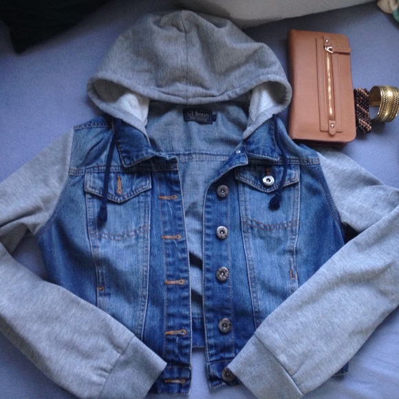 Jean and cotton jacket with hood and buttons