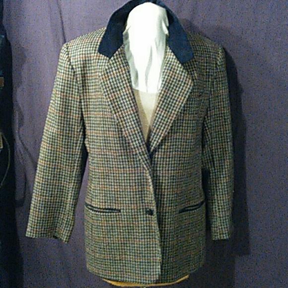 Vintage blazer wool plaid suede elbows n collar