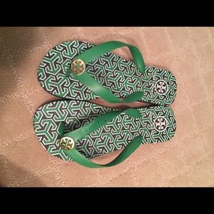 Tory Burch green flip flops