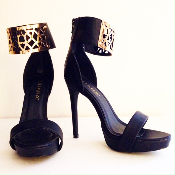 Black Open Toe Gold Trim Platform High Heels Sandals with  Black Gold Ankle Platform Heels