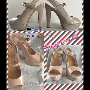 Taupe patent leather peep toe heels