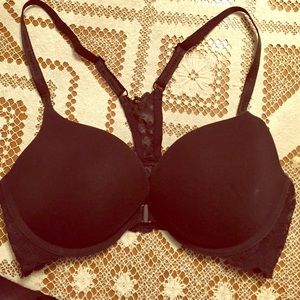 Lace racerback VS front clasp push-up bra.