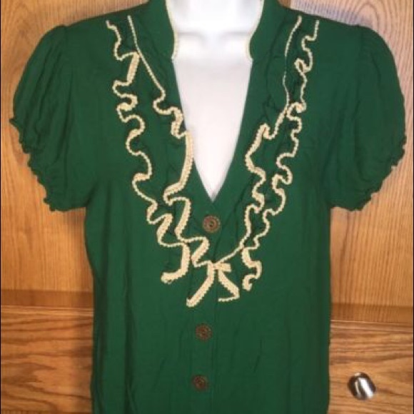 Odille Anthropologie Brand Green Ruffle Blouse