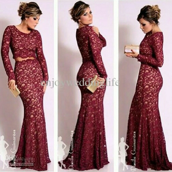 Burgundy lace prom dress.