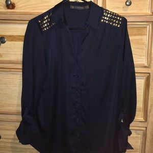 Navy Long sleeve button blouse with gold accents