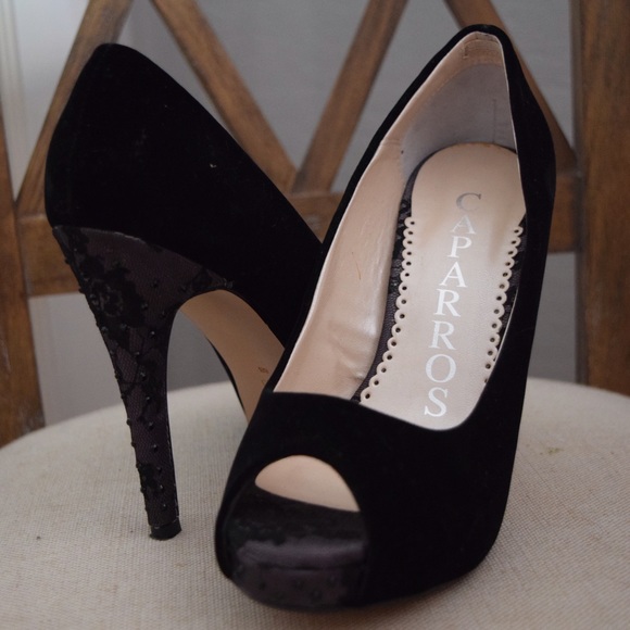 Velvet and jewel studded lace Caparros heels