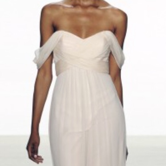 Amsale chiffon strapless dress in Bellini