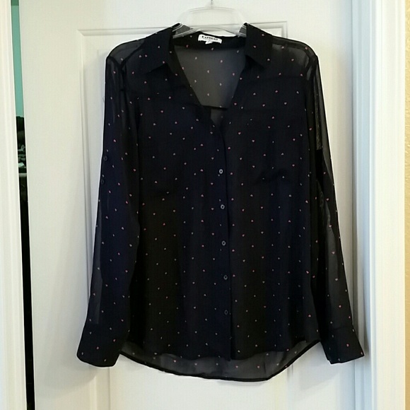 NWOT Sheer Navy button up blouse with hearts