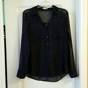 NWOT Sheer Navy button up blouse with hearts