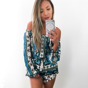 Sale- Bell Sleeve Printed Romper-Blue