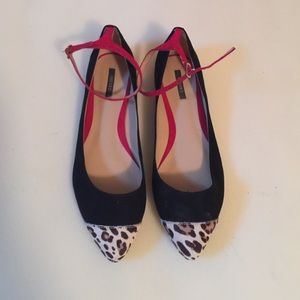 Black flats w/ leopard print toe & red straps