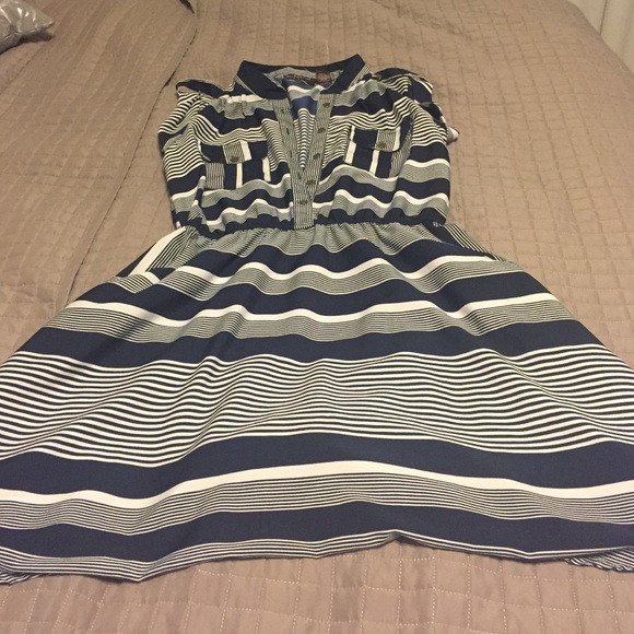Navy blue and white striped button up dress