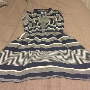Navy blue and white striped button up dress