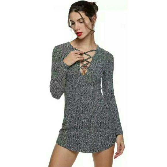 HP||⭐Lace Up Ribbed Knit Bodycon Dress GRAY - Picture 2 of 4