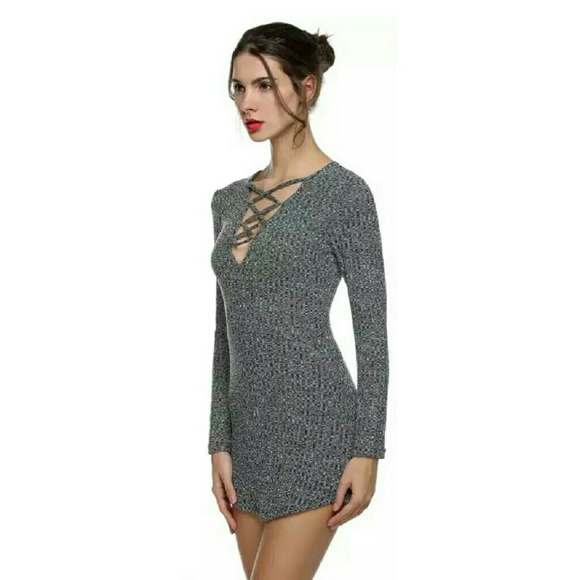 HP||⭐Lace Up Ribbed Knit Bodycon Dress GRAY - Picture 3 of 4