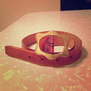 Vintage Real Leather Belt. Brass Buckle.
