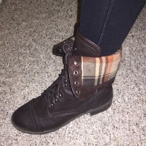 Brown fold over (or tall) combat boots