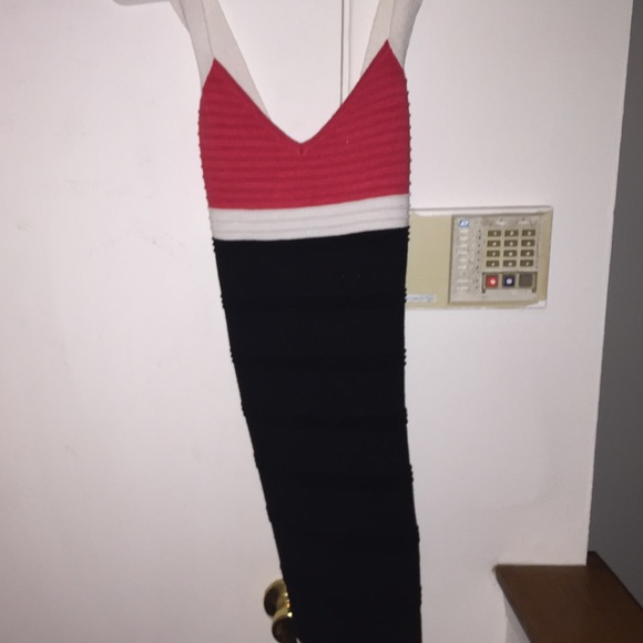 Coral,white and black bandage x back dress.