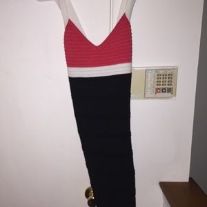 Coral,white and black bandage x back dress.