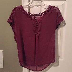 Burgundy blouse with floral cutout sleeves