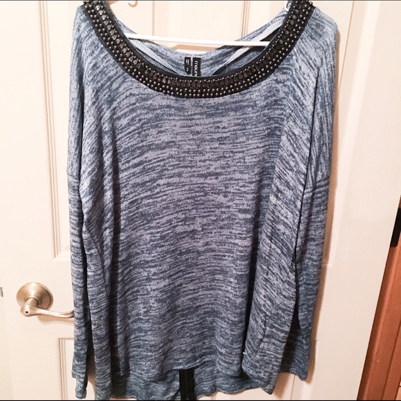 Blue Maurices pullover with jeweled neckline