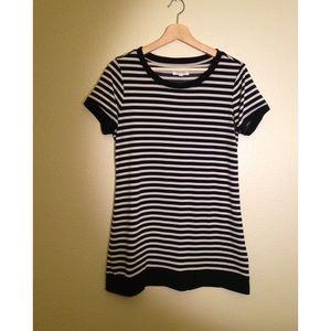 Slinky, stretchy black and white striped dress