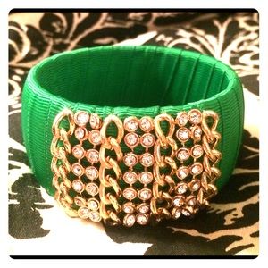 NWOT Green Fabric Bangle w Gold & Crystal Details