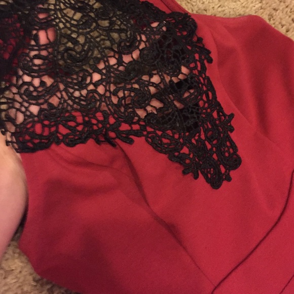 Red Dress with Black Lace Neck Detail - Picture 3 of 4