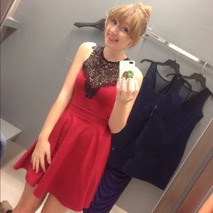 Red Dress with Black Lace Neck Detail